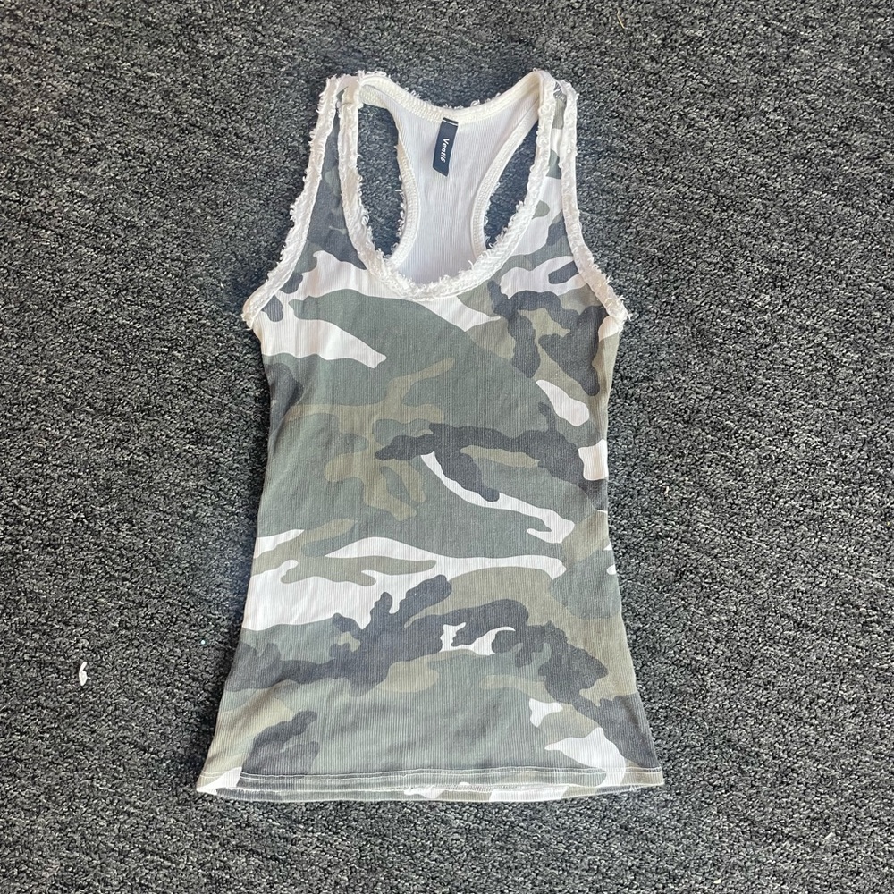 Venti6 Y2K Preppy Camo Racerback Tank Top with Sparkly Fur Size S/M